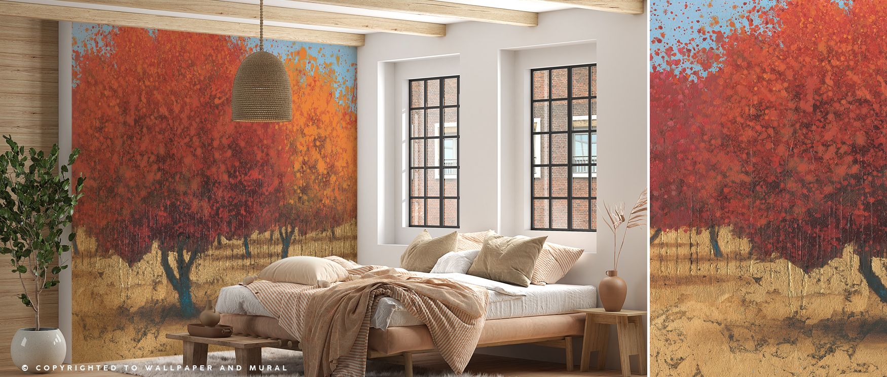 Orange Trees II Wallpaper layers tree motifs across serene tones, where imagery conveys freshness. Its design enriches bedrooms or kitchens, creating atmosphere alive with balance. Walls resonate with vitality, turning interiors into reflective landscapes
