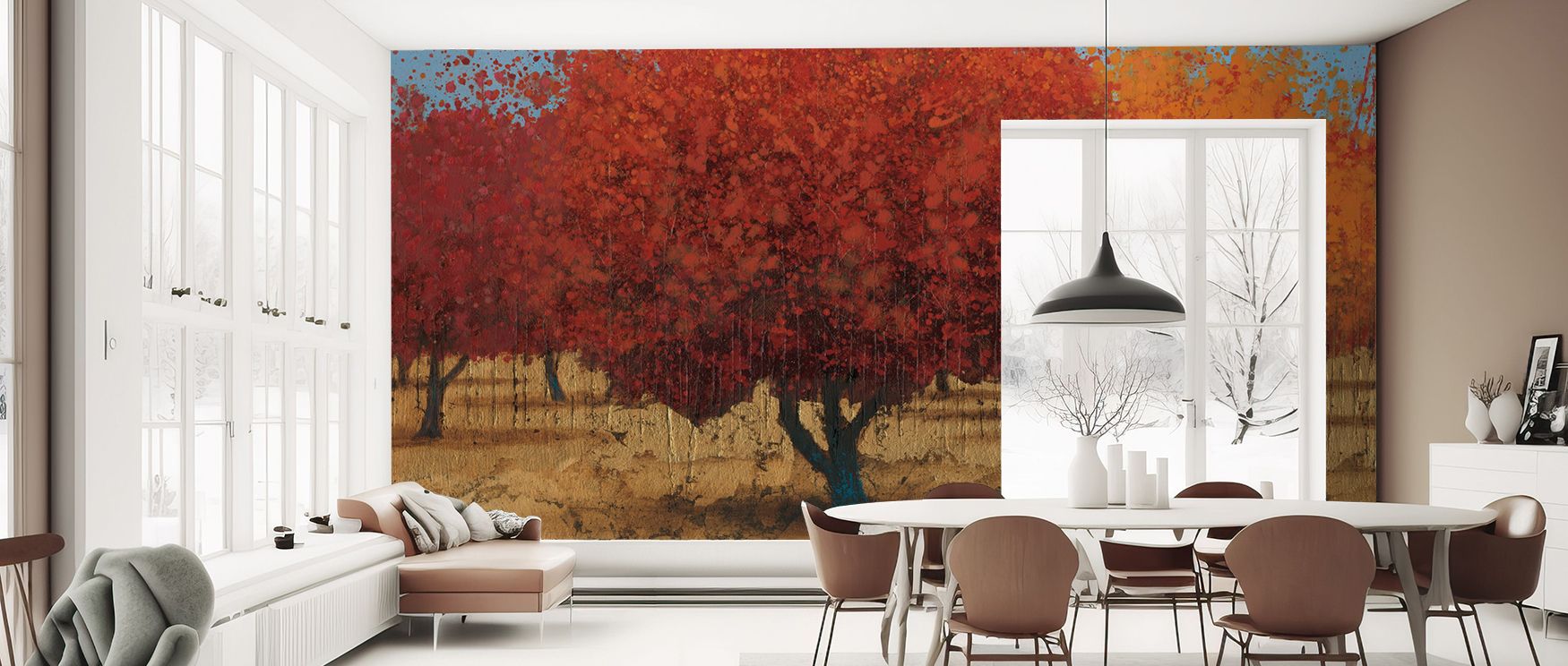 The Orange Trees II Wallpaper layers patterns into rhythmic imagery, where tones enrich composition. Its design enriches bedrooms or kitchens, creating atmosphere alive with freshness. Walls resonate with serenity, shaping interiors into reflective settin
