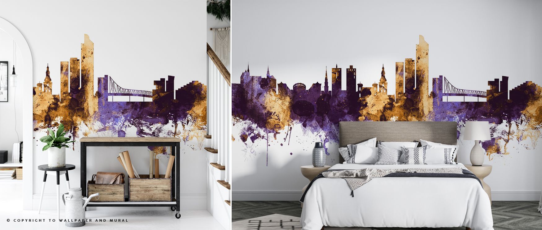 Oslo Skyline Purple & Gold Wallpaper conveys rhythm of the city, where tonal brilliance enriches design. Its imagery transforms bedrooms or living rooms into interiors filled with serenity. Walls resonate with elegance, shaping reflective landscapes enric