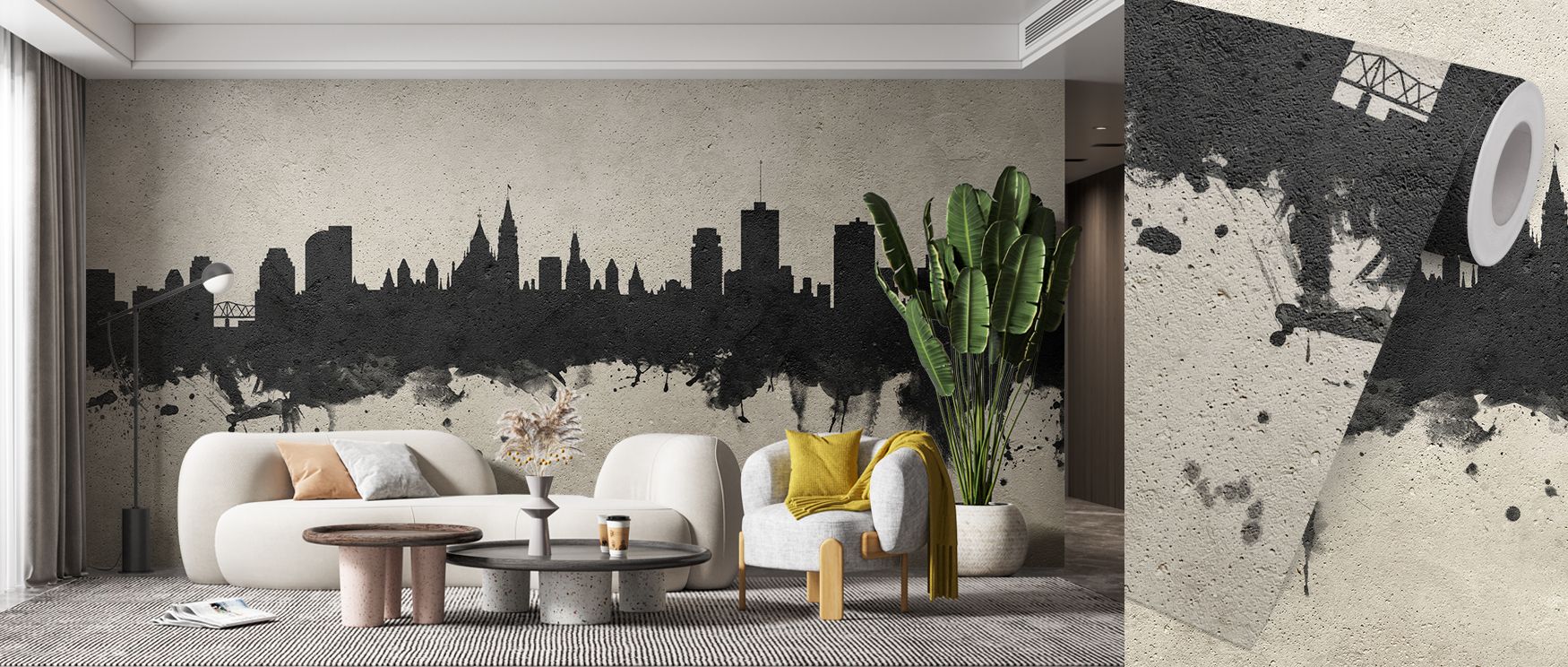 The Ottowa Canada Skyline Concrete Wallpaper transforms walls into artistic horizons through silhouettes layered upon textured backdrops. The concrete finish adds depth and shadow, grounding the imagery with timeless resonance. The muted shades provide ca