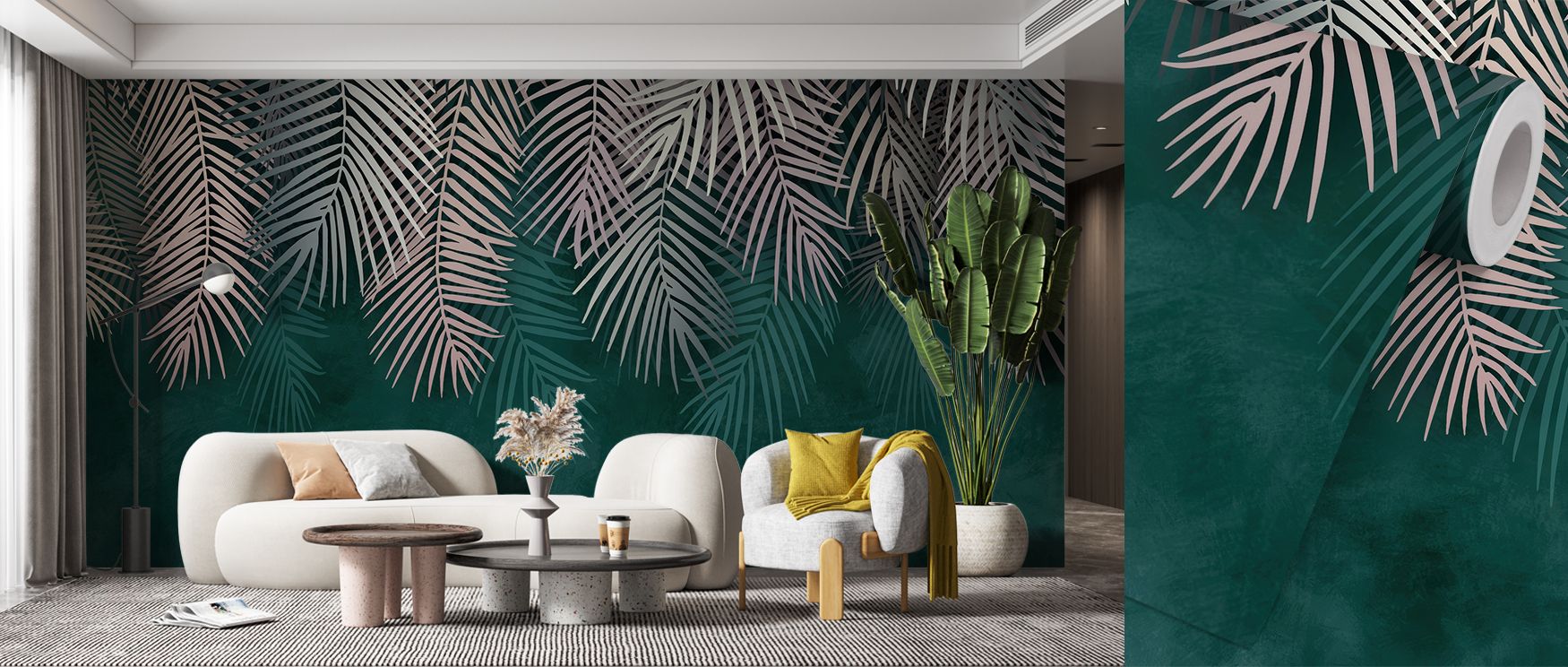 The Palms Up Ahead Wallpaper conveys tropical vitality through palms rising across subtle tones that ground the composition. Each motif enhances rhythm and clarity, creating openness within interiors. The design radiates calm energy, turning walls into la