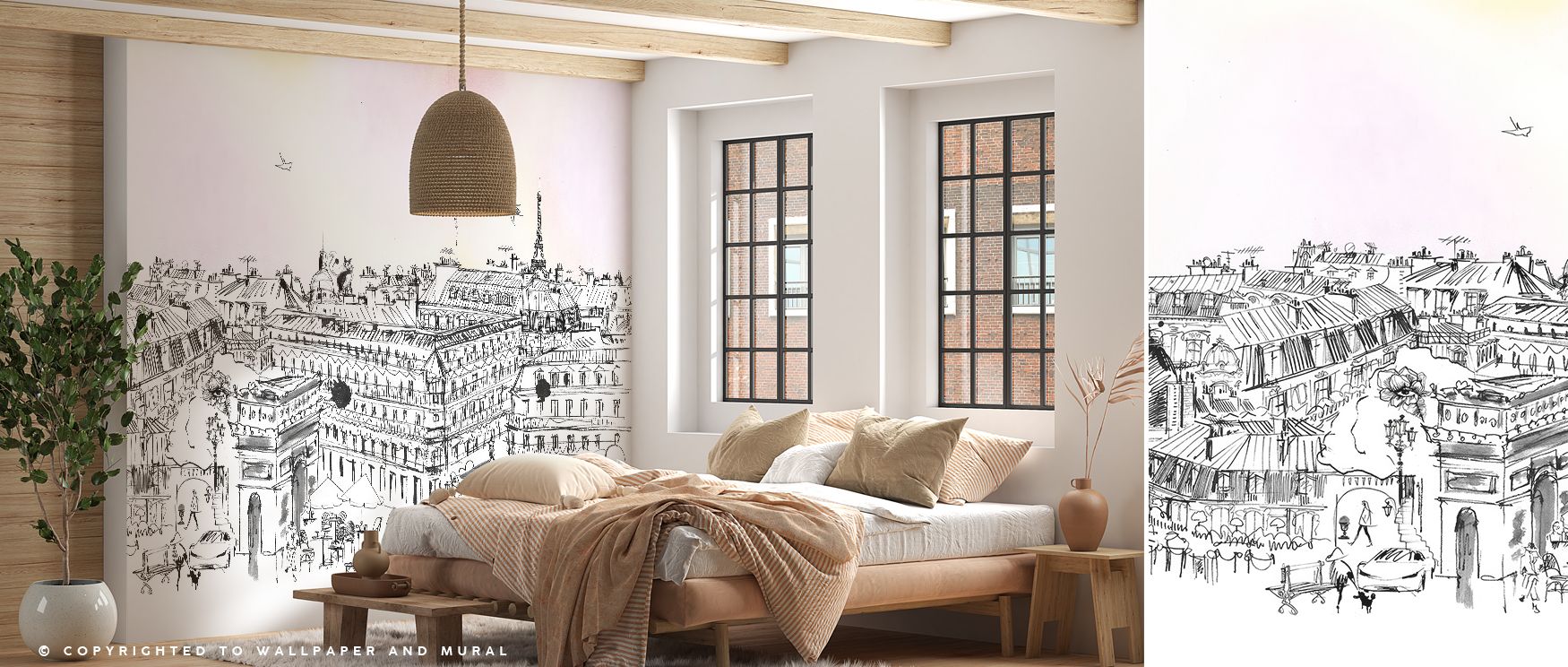 Paris Rooftops Wallpaper radiates elegance through silhouettes of rooftops layered across calming tones. Each motif suggests charm, enriching atmosphere with cultural balance. The design conveys Parisian rhythm, offering interiors timeless refinement. Per
