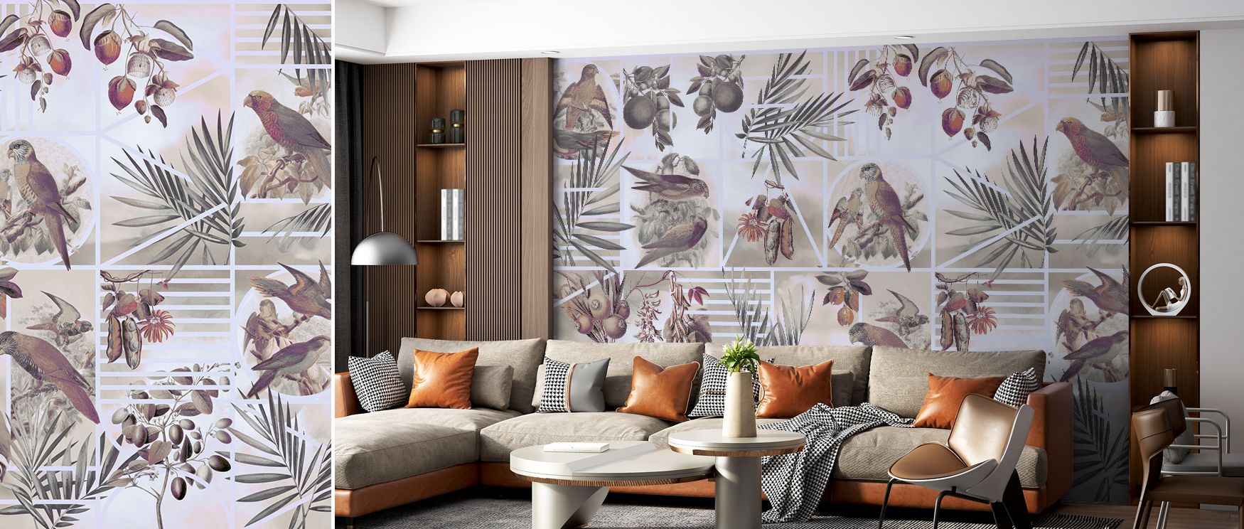 Parrots Study Wallpaper enriches interiors with charm through vibrant motifs layered across lively tones. Each element conveys rhythm, radiating vitality. The design reflects exotic artistry, making walls expressive. Perfect for bedrooms, living rooms, or