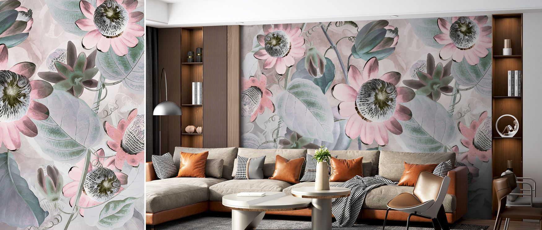 The Passifloras Emerging Bright Red Wallpaper enriches interiors with charm through floral motifs layered across bold tones. Each element conveys vitality and refinement, offering atmosphere filled with passion. The design radiates rhythm, turning walls i