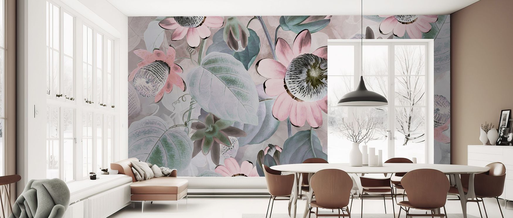 Passion radiates in the Passifloras Emerging Bright Red Wallpaper, where floral motifs stretch across red tones with vibrancy. Each detail conveys vitality and balance, enriching atmosphere with charm. The design reflects exotic grace, turning walls into 