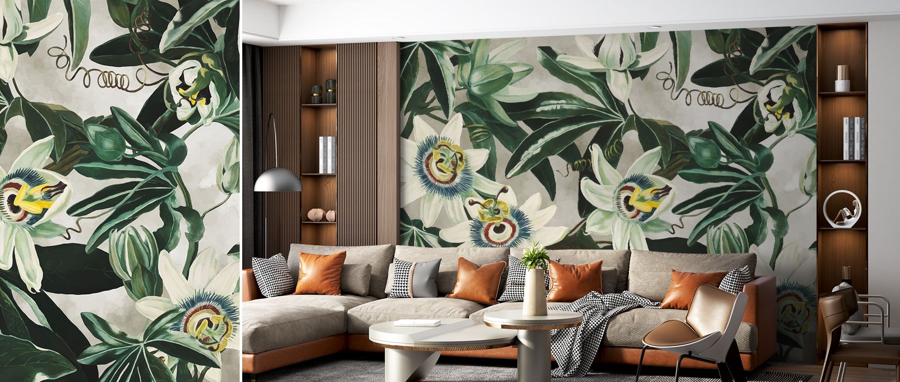Grace flows through the Passion Flowers Wallpaper, where passionflower motifs bloom across tranquil backdrops. Each element conveys rhythm and serenity, enriching interiors with balance. The design radiates refinement, turning walls into expressive canvas