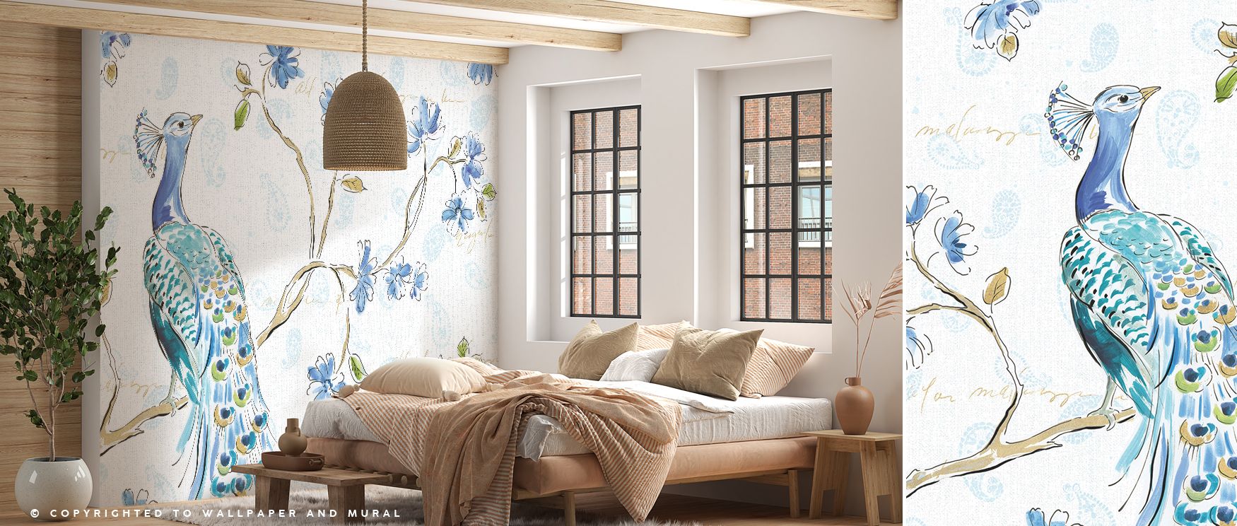 Peacock Allegory White Wallpaper radiates elegance through motifs of white peacocks layered in rhythm across subtle tones. Each detail conveys exotic charm, enriching interiors with balance. The design reflects refinement, turning walls into expressive ca