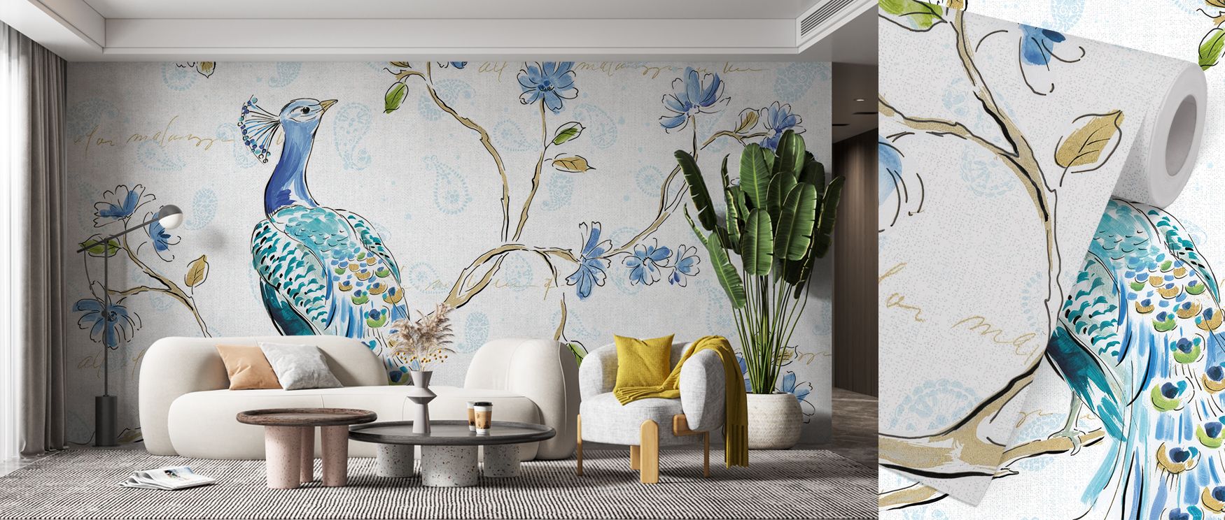 The Peacock Allegory White Wallpaper conveys exotic charm through motifs layered across tranquil backdrops. Each detail reflects refinement, enriching interiors with rhythm and clarity. The design radiates artistry, turning walls into expressive canvases 