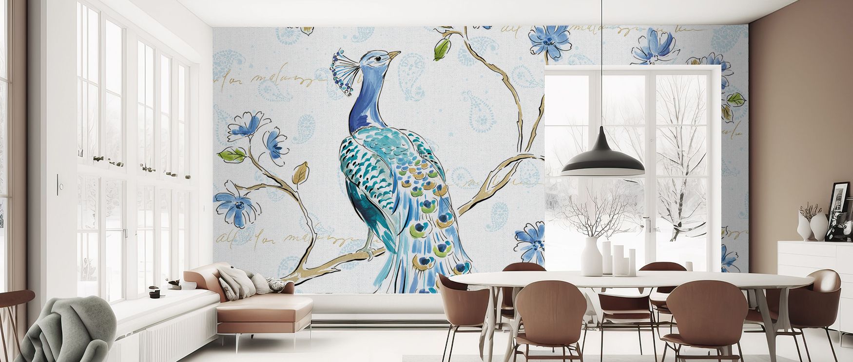 Exotic artistry defines the Peacock Allegory White Wallpaper, where motifs of peacocks create rhythm across subtle backdrops. Each detail conveys balance, enriching interiors with refinement. The design radiates elegance, turning walls into expressive sur