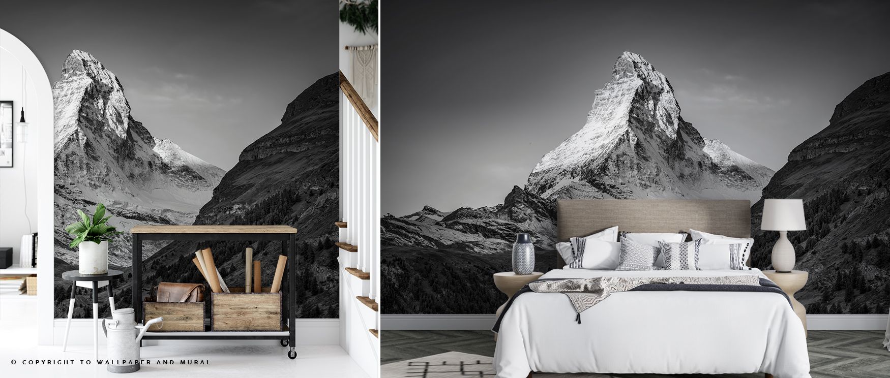 Monochrome beauty defines the Peak Matterhorn BW Wallpaper, where mountain forms rise across balanced tones. Each peak conveys rhythm, enriching atmosphere with serenity. The design reflects alpine grace, making walls expressive. Perfect for offices, livi