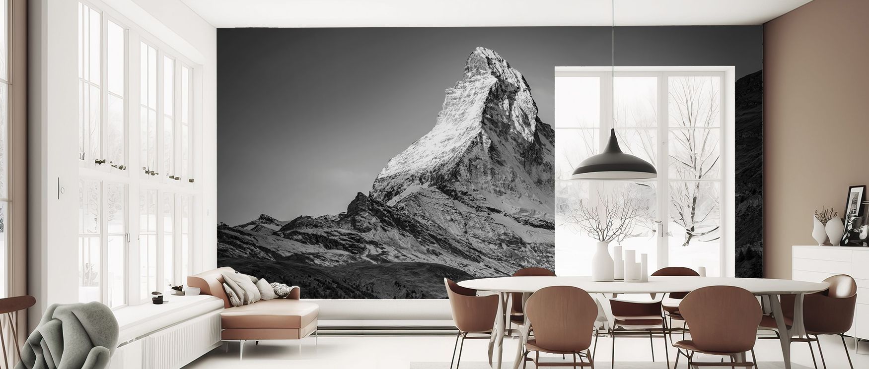 Alpine grace flows within the Peak Matterhorn BW Wallpaper, where peaks rise across monochrome backdrops with rhythm. Each form conveys refinement, enriching interiors with calm presence. The design radiates clarity, turning walls into horizons of serenit