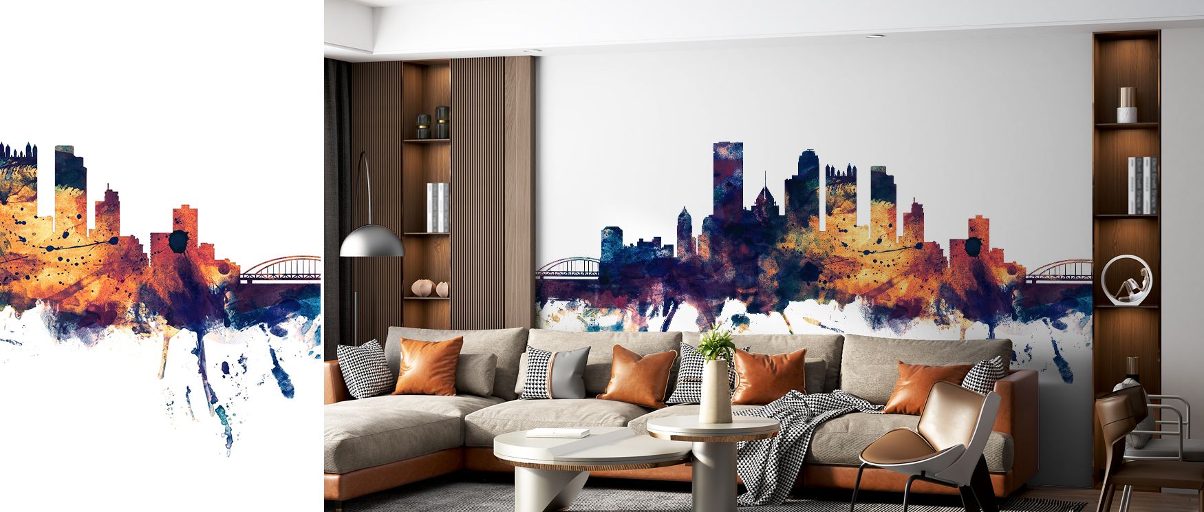 The Pittsburg Pennsylvania Skyline Blue & Bronze Wallpaper reflects artistry through city silhouettes highlighted by warm bronze and calm blue. Each detail conveys rhythm and refinement, enriching interiors with heritage pride. The design radiates eleganc