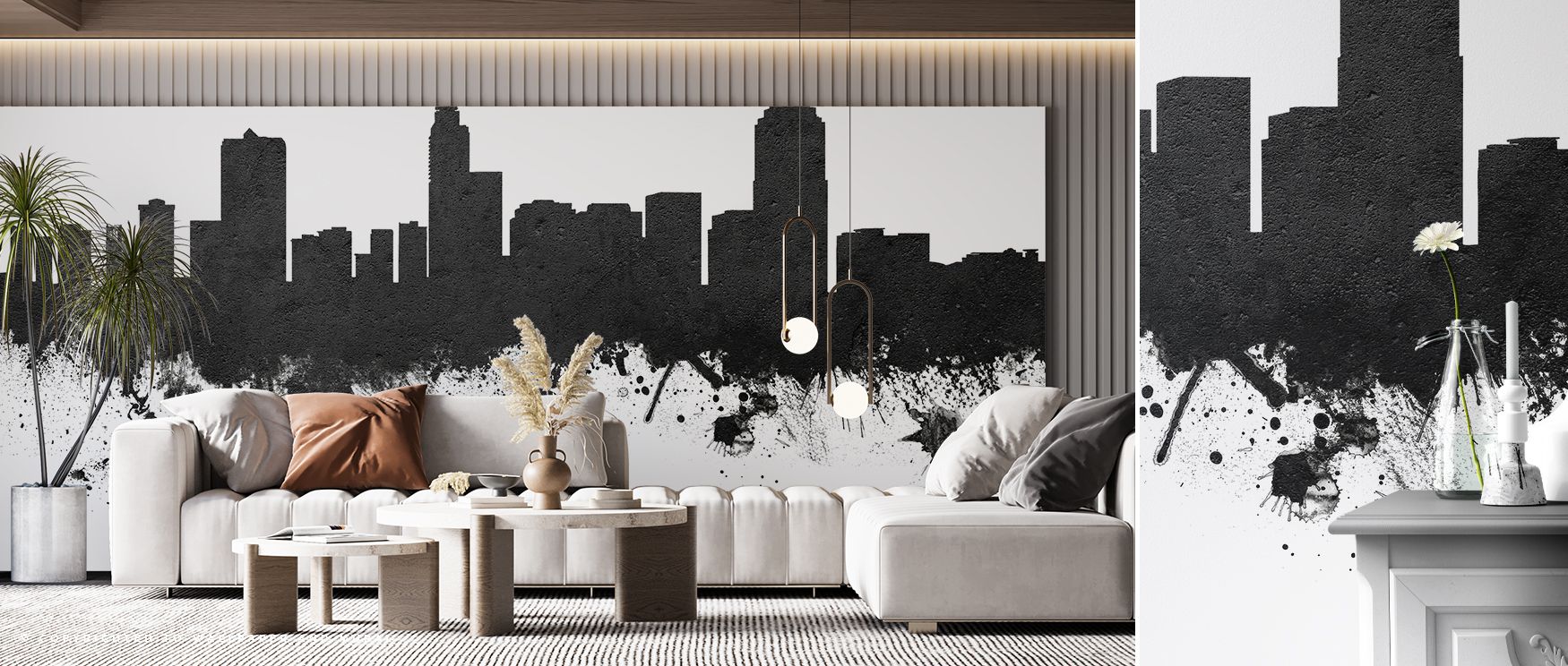 The Raleigh North Carolina Skyline Black & White Wallpaper Mural creates balance by layering urban silhouettes in bold rhythm. Black and white contrasts enrich interiors, ideal for offices or bedrooms. Its imagery carries timeless strength, presenting his