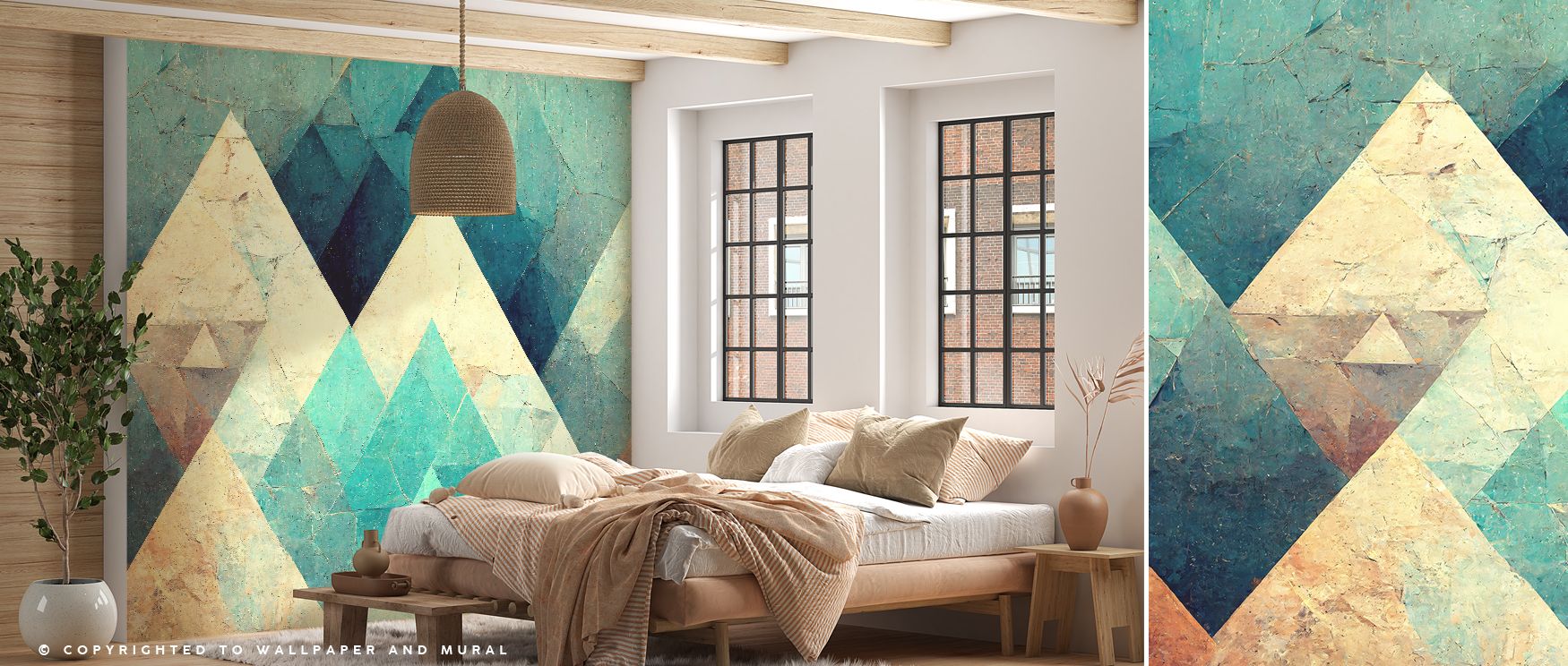 The Reduced Mountains Turquoise Wallpaper conveys calm strength through turquoise tones layered across peaks. Living rooms or offices become serene, enriched by imagery of depth and rhythm. Its palette sustains balance. 