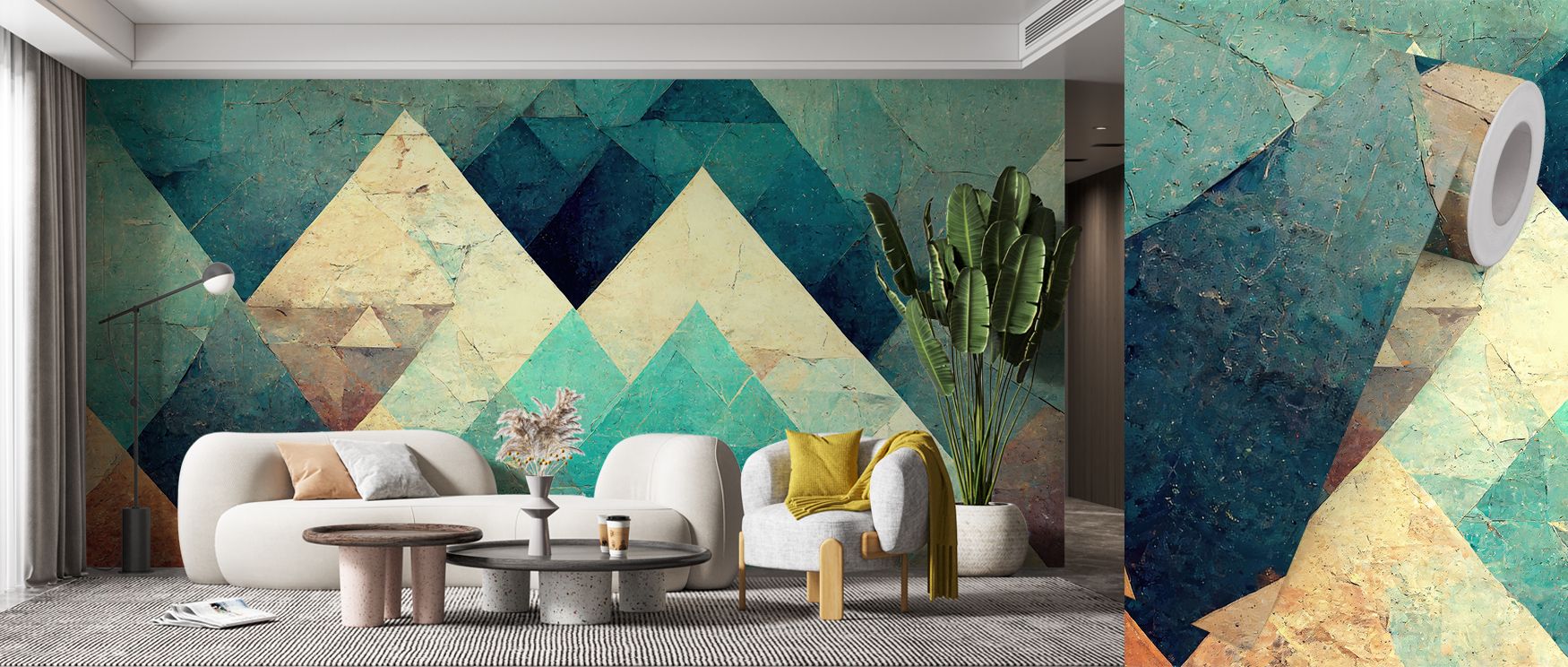 The Reduced Mountains Turquoise Wallpaper transforms interiors into mountain retreats, where ridges unfold rhythmically. Living rooms or bedrooms gain composure through its turquoise tones, reflecting balance and serenity. 