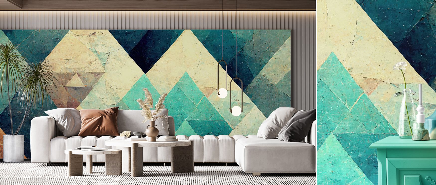Through turquoise depth, the Reduced Mountains Turquoise Wallpaper evokes mountain elegance. Offices or bedrooms become expansive with its layered imagery. Each detail inspires reflection and natural calm. Its rhythm sustains harmony. 