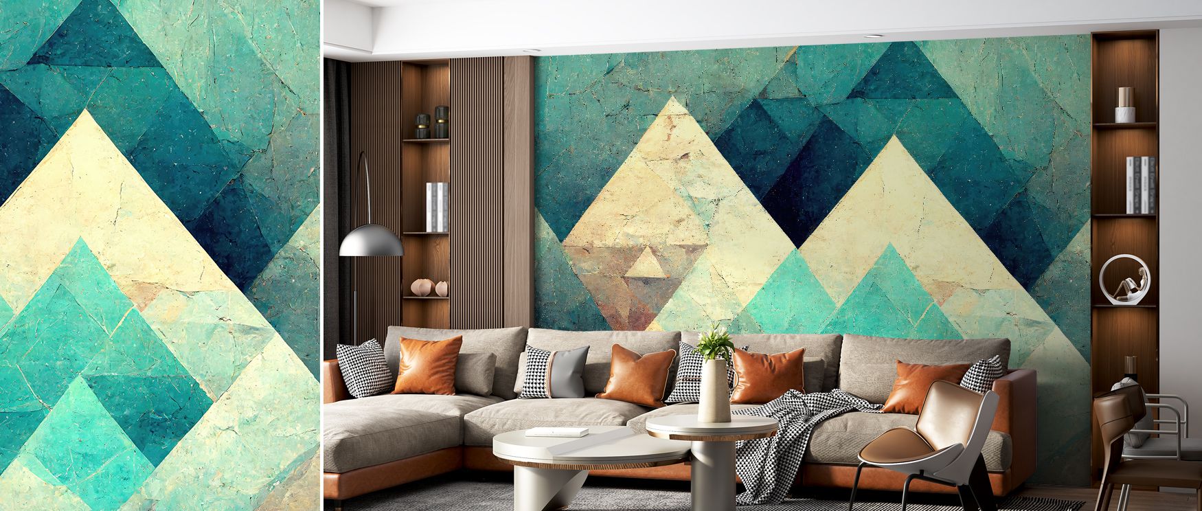 The Reduced Mountains Turquoise Wallpaper embodies stillness through ridges shaped in turquoise hues. Living rooms or offices gain tranquility, their walls enriched by mountain imagery. Its tones convey natural grace. 
