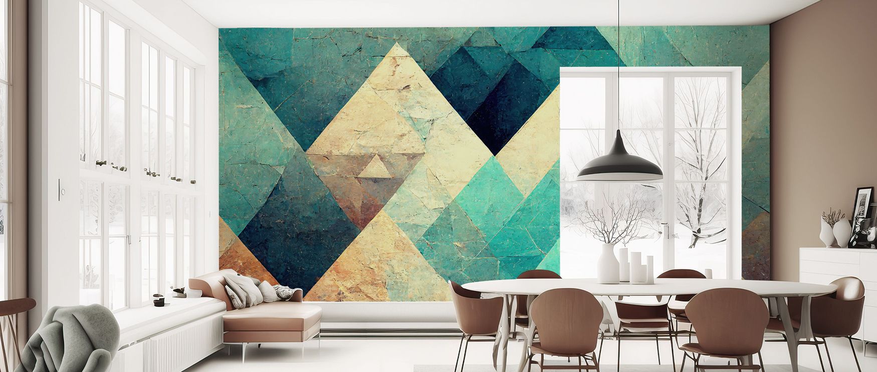 Serenity flows in the Reduced Mountains Turquoise Wallpaper, where peaks extend with rhythm. Bedrooms or offices feel timeless under its design, filled with balance and harmony. Its imagery sustains calm. 
