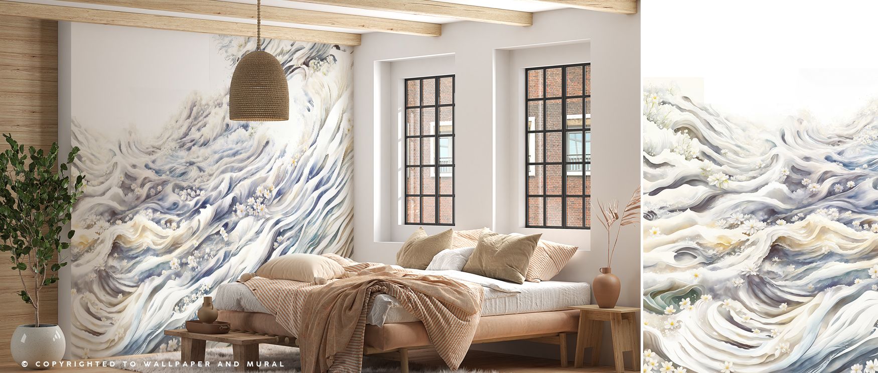 Romantic Waves Blue Yellow Wallpaper conveys energy through layered wave motifs that flow gracefully across muted surfaces. Its palette combines bold blues with warm yellows, creating vibrancy balanced by restraint. The impression is immersive, inspiring 