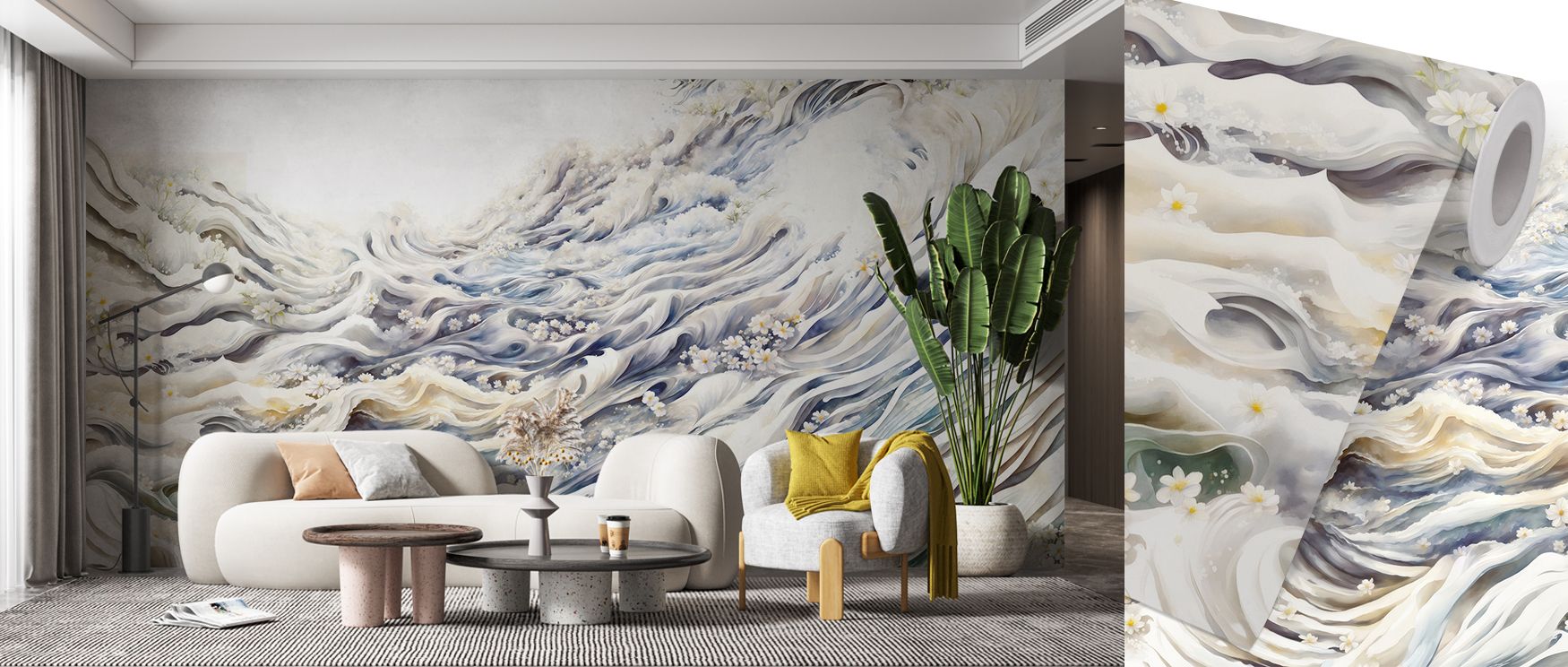 Romantic Waves Blue Yellow Wallpaper expresses rhythm in decorative form, layering wave patterns in balanced tones. The composition conveys movement without excess, offering atmosphere that inspires creativity. Its palette feels lively yet refined, ensuri