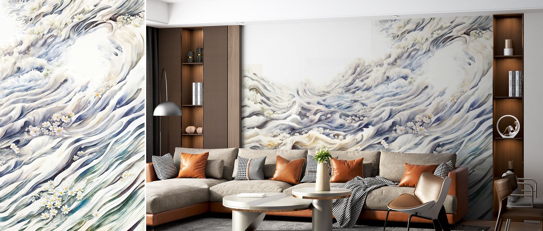 Romantic Waves Blue Yellow Wallpaper creates immersive atmosphere through flowing patterns layered in tonal balance. Each motif reflects artistry, offering interiors rhythm and vitality. The palette ensures versatility, blending energy with subtle refinem