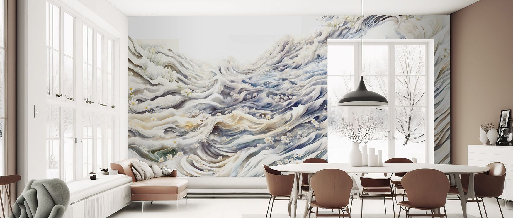 Romantic Waves Blue Yellow Wallpaper conveys vitality with wave motifs that move across surfaces in layered tones. The design reflects rhythm and artistry, enriching interiors with calm yet dynamic presence. Its palette feels lively yet adaptable, suiting