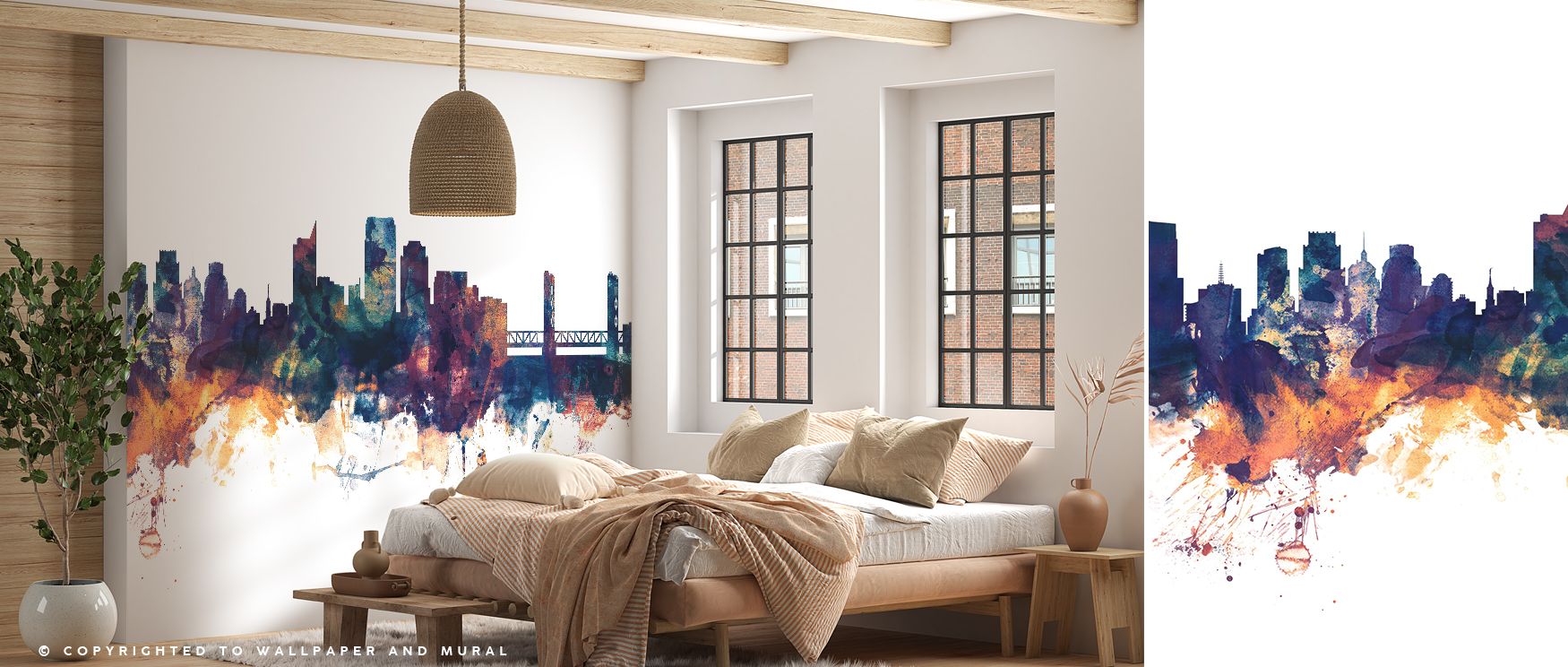 Sacramento Skyline Wallpaper reflects city’s charm through bronze tones softened by cool blue palette. Its impression conveys urban refinement, making walls dynamic without excess. The design sustains calm atmosphere, enriching interiors with sophisticati