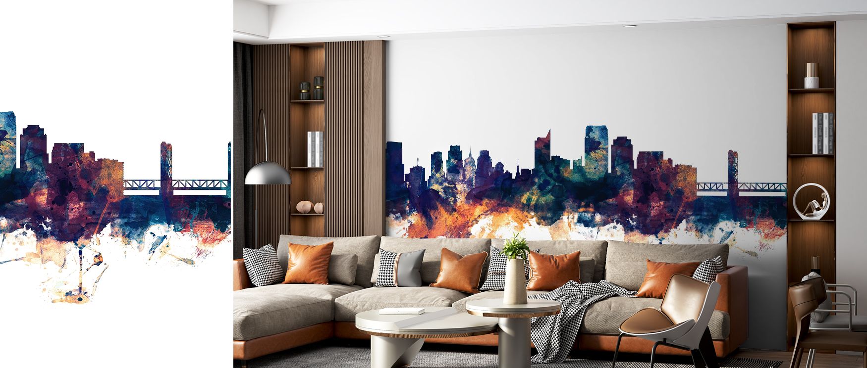 Sacramento Skyline Wallpaper conveys urban elegance through tones of bronze and blue layered in balanced palette. Its impression sustains calm sophistication, making interiors poised. This design enriches walls with refinement while remaining adaptable. L