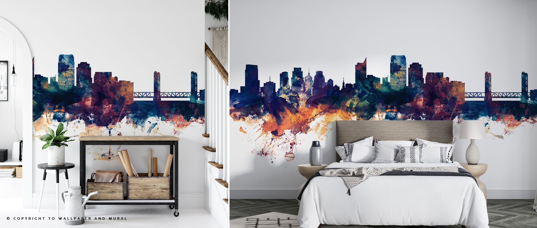 Sacramento Skyline Wallpaper sustains refinement through layered skyline motifs rendered in tones of bronze and blue. Its impression suggests urban elegance, enriching interiors with sophistication. The design adapts across décors, suiting varied environm