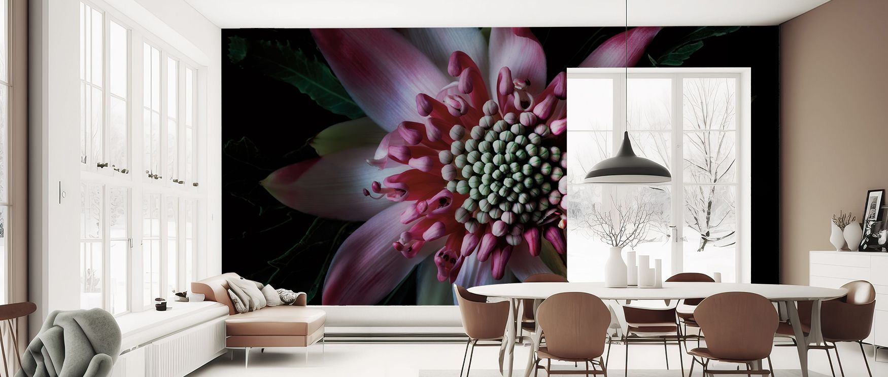 Salmon Waratah II Wallpaper conveys grace through blossoms rendered in muted salmon tones. Its impression feels calm, inspiring reflection and creativity. The design enhances interiors with floral elegance, offering refinement without heaviness. Its palet