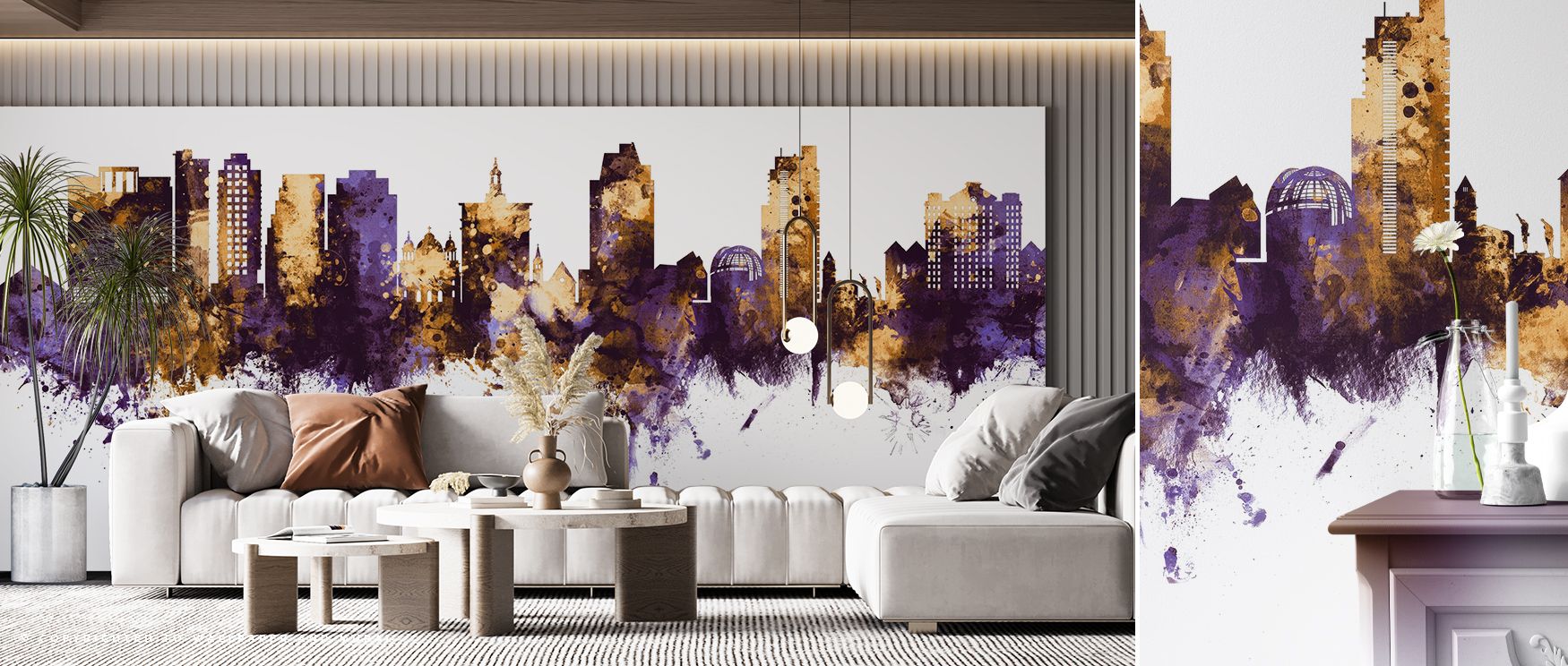 San Jose Skyline Wallpaper communicates urban artistry through tones of purple and gold layered delicately across surfaces. Its impression feels luxurious yet calm, enriching interiors with grace. The palette provides refinement, making walls versatile. B