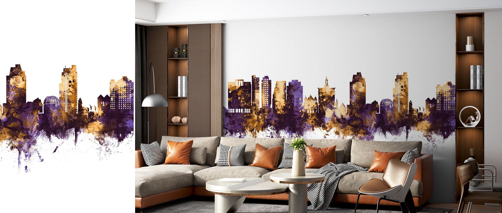 San Jose Skyline Wallpaper sustains refinement through muted undertones layered in purple and gold palette. Its impression conveys elegance, enriching interiors with luxurious atmosphere. The design adapts across varied styles, ensuring relevance. Bedroom