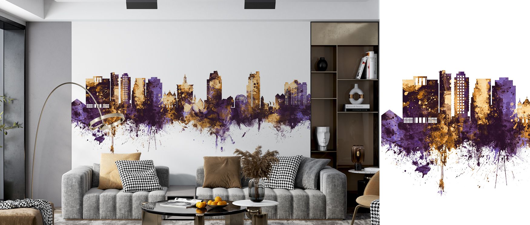 San Jose Skyline Wallpaper reveals luxury through skyline motifs rendered in regal tones of purple and gold. Its impression sustains calm refinement, enriching interiors with cultural voice. The palette adapts seamlessly, offering balance and sophisticati