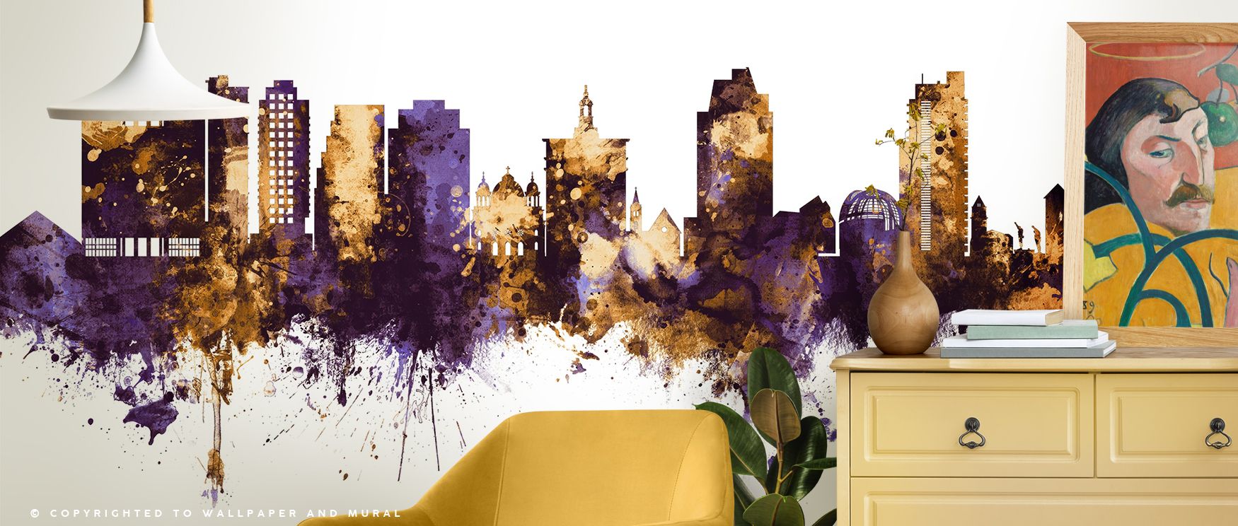 San Jose Skyline Wallpaper communicates cultural resonance through regal palette of purple and gold tones. Its impression conveys refinement and calm sophistication. The design adapts seamlessly across settings, ensuring versatility. Bedrooms, living room