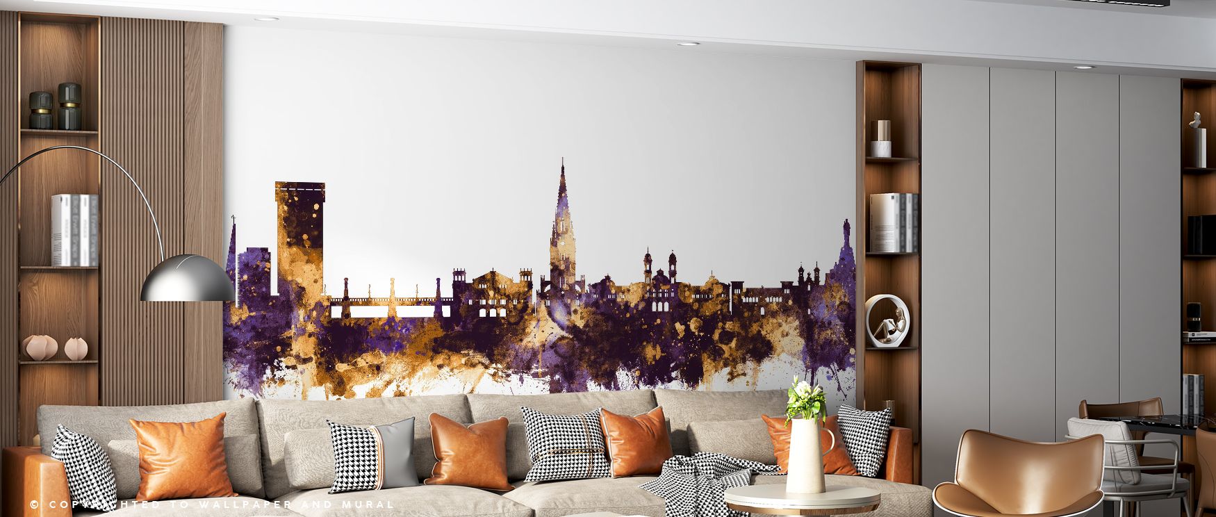 San Sebastian Skyline Wallpaper conveys refinement through tones of purple and gold layered across muted palette. Its impression communicates sophistication, enriching interiors naturally. Bedrooms, living rooms, and offices gain inspiration from its infl