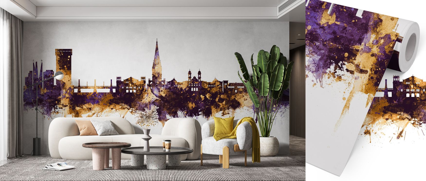 San Sebastian Skyline Wallpaper reflects cultural artistry through skyline motifs rendered in regal palette of purple and gold. Its impression conveys refinement, enriching interiors with calm balance. Bedrooms, offices, and living rooms benefit from its 