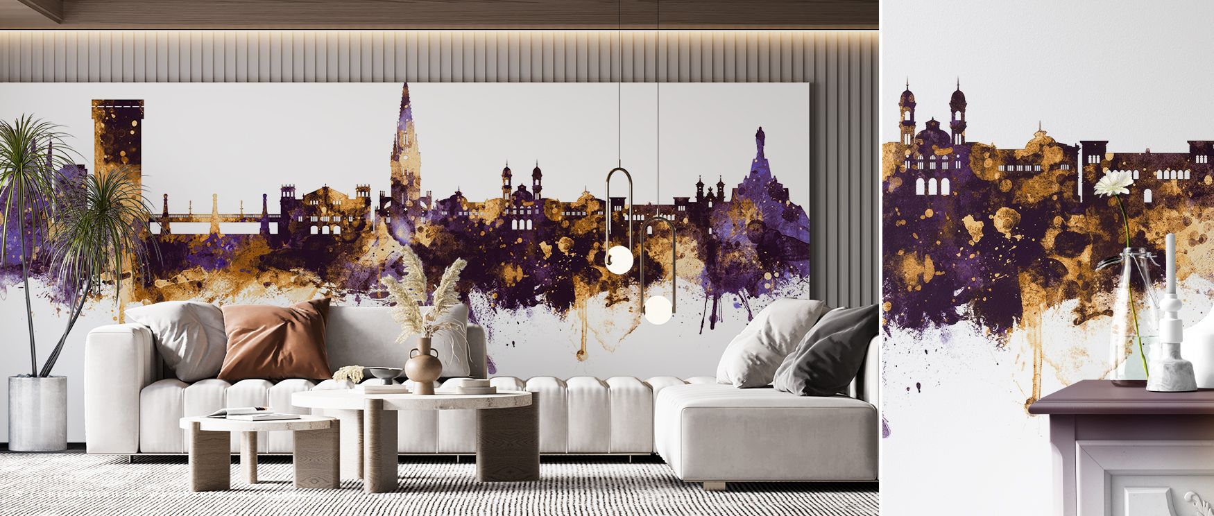 San Sebastian Skyline Wallpaper communicates refinement through skyline motifs rendered in purple and gold palette. Its impression sustains calm resonance, enriching interiors with sophistication. Bedrooms, offices, and living rooms all benefit from its i