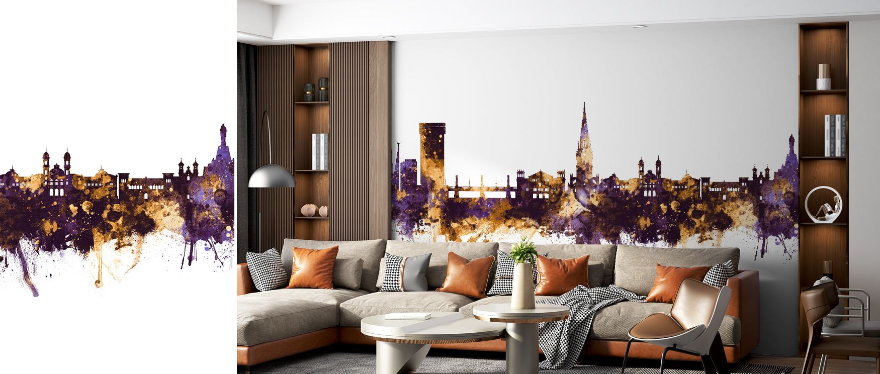 San Sebastian Skyline Wallpaper sustains luxury through skyline motifs layered across purple and gold palette. Its impression conveys calm sophistication, enriching interiors naturally. Bedrooms, offices, and living rooms benefit from its influence, which