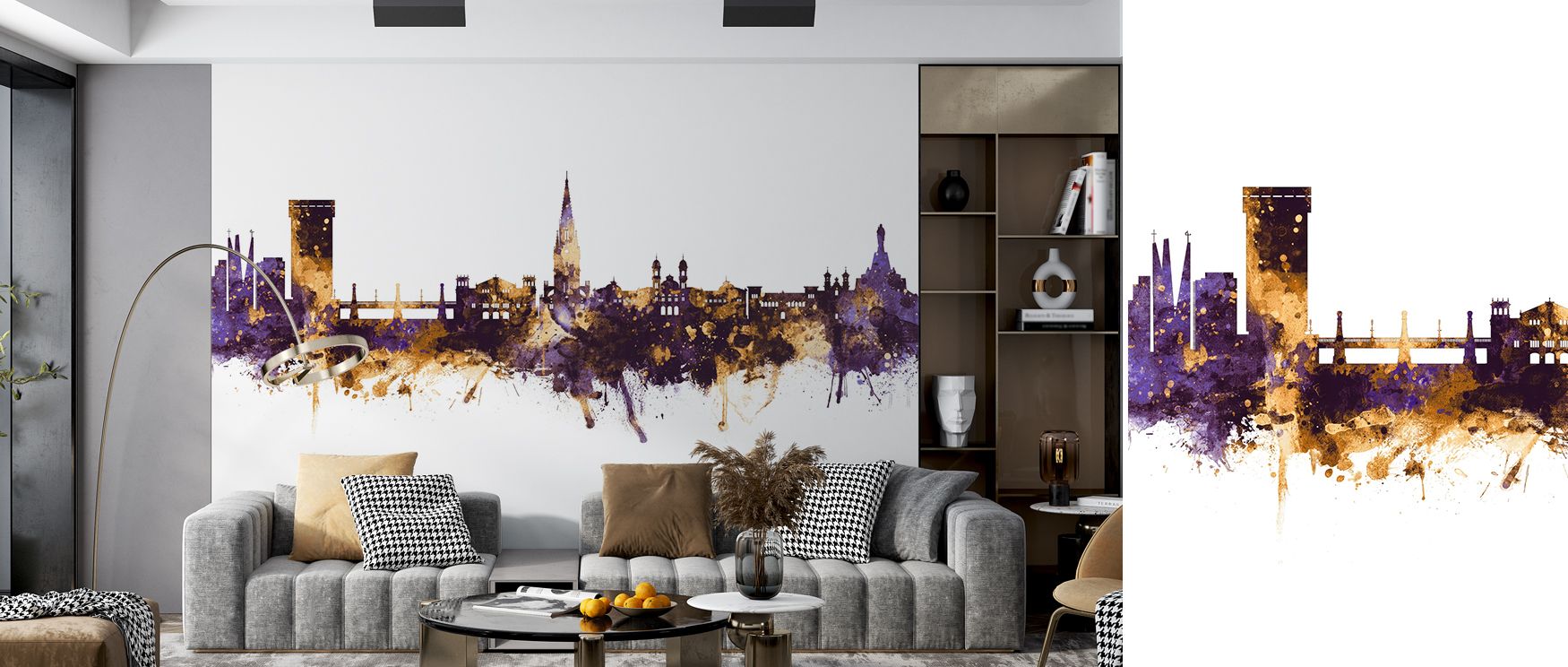 San Sebastian Skyline Wallpaper enriches interiors with tones of purple and gold layered delicately across skyline motifs. Its impression sustains refinement, making walls graceful. Bedrooms, offices, and living rooms all benefit from its influence, which