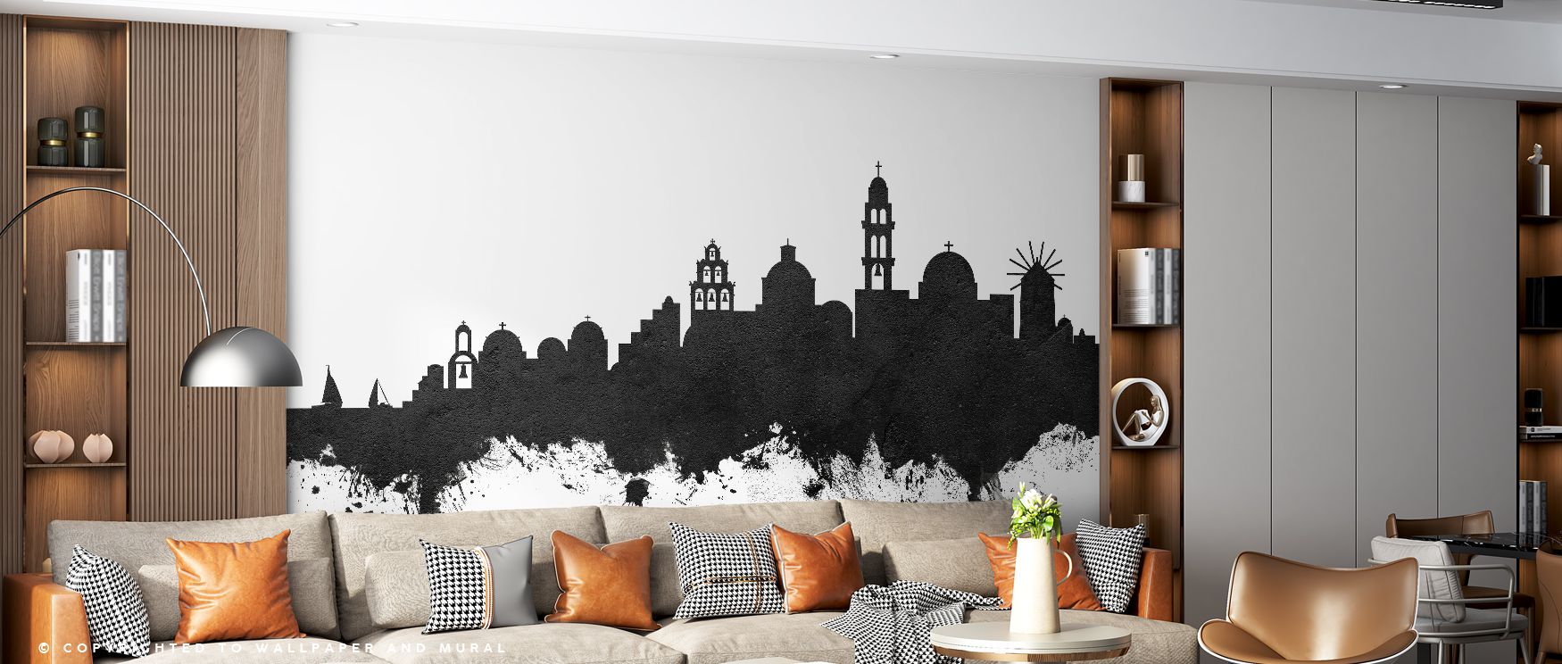 Santorini Skyline Wallpaper reveals refinement through silhouettes layered in black and white tones. Its impression sustains cultural resonance, enriching interiors with sophistication. Bedrooms, living rooms, and offices gain inspiration from its influen