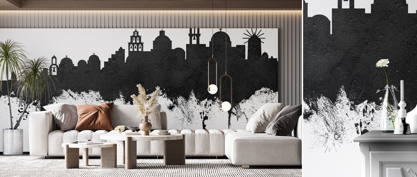 Santorini Skyline Wallpaper communicates heritage charm through silhouettes layered in muted palette of black and white. Its impression sustains refinement, enriching interiors with calm presence. Bedrooms, living rooms, and offices all benefit from its i