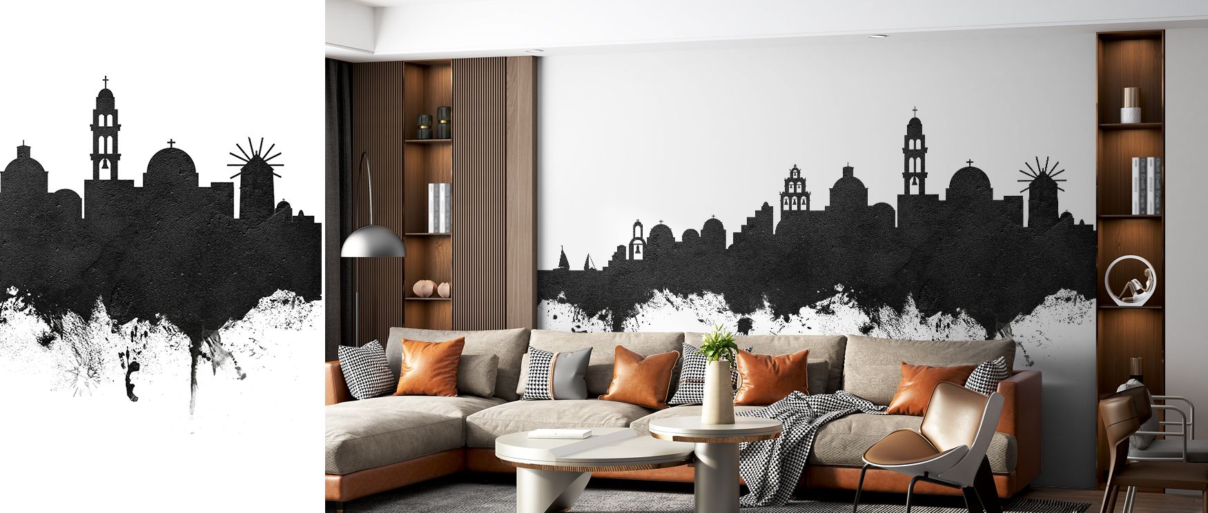 Santorini Skyline Wallpaper sustains refinement through monochrome tones layered delicately across silhouettes. Its impression conveys elegance, enriching interiors with calm sophistication. Bedrooms, offices, and living rooms gain inspiration from its in