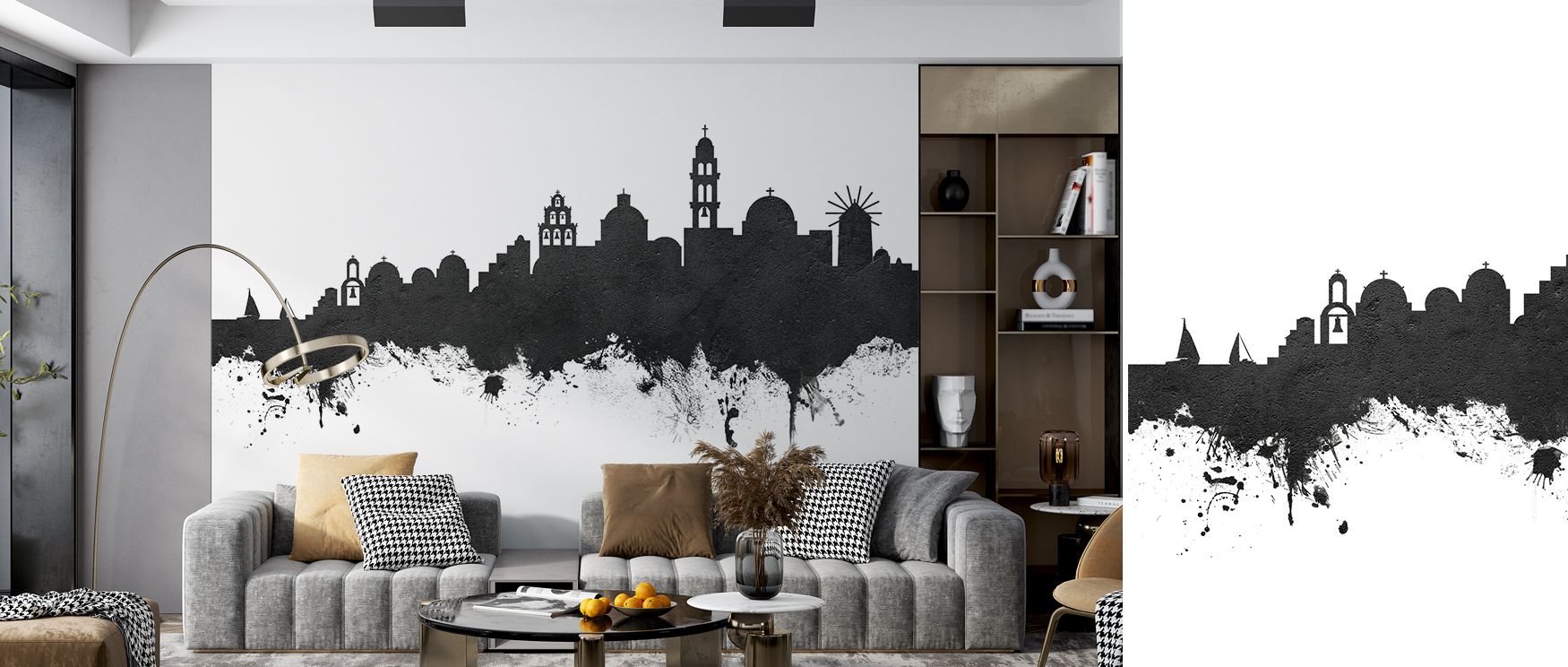 Santorini Skyline Wallpaper enriches interiors with silhouettes rendered in muted palette of black and white. Its impression sustains refinement, enriching spaces naturally. Bedrooms, living rooms, and offices benefit from its influence, which sustains cr