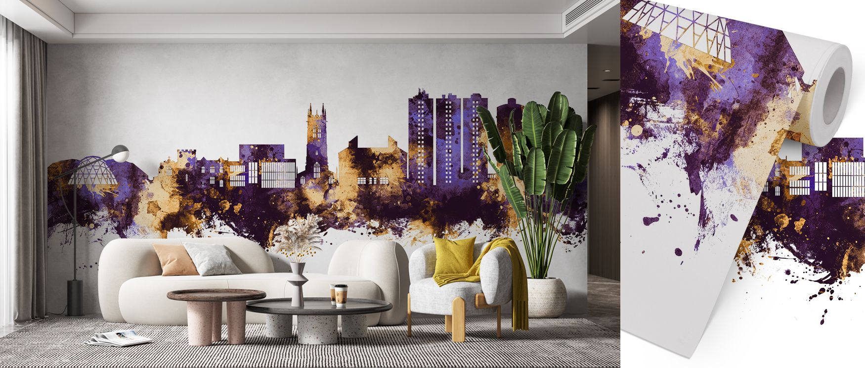 Scunthorpe Skyline Wallpaper reflects cultural artistry through skyline motifs layered in regal tones of purple and gold. Its impression conveys refinement, enriching interiors with calm balance. Bedrooms, offices, and living rooms benefit from its influe