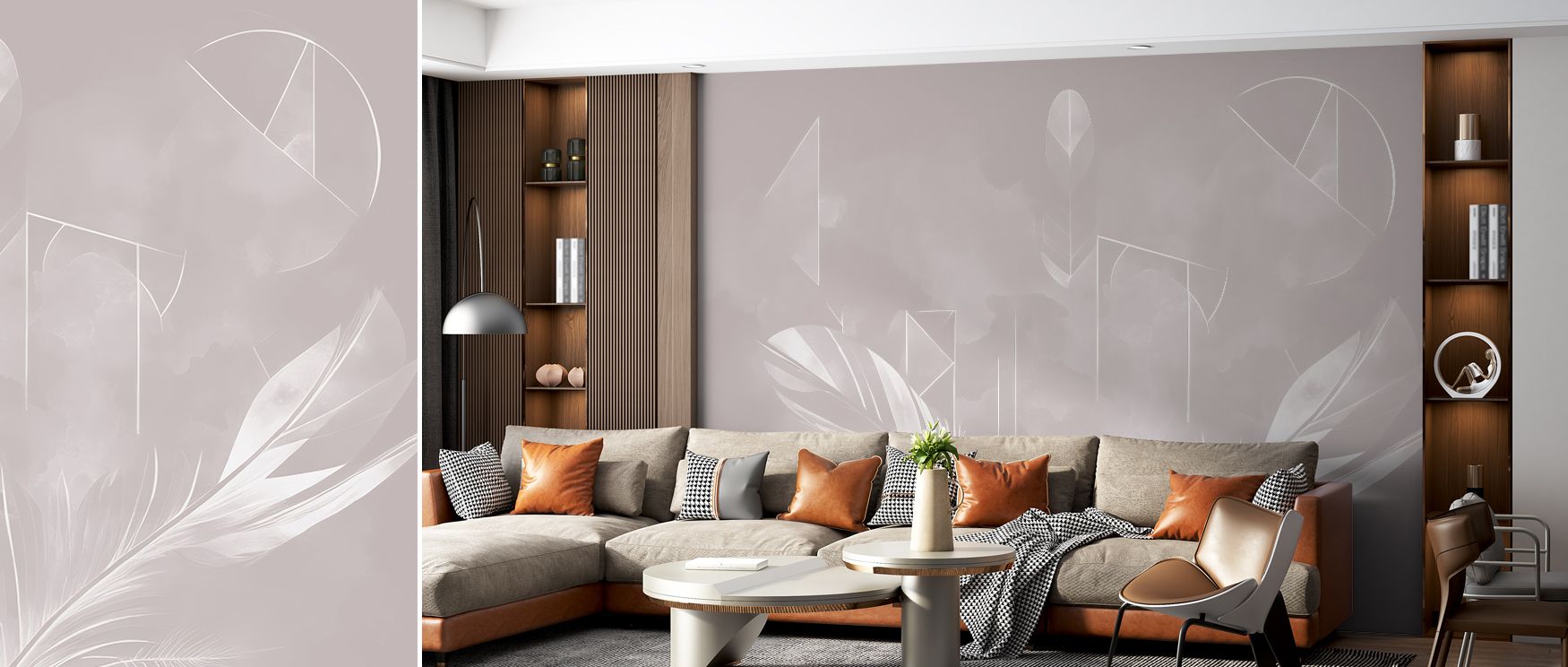 Solid Feather Geometry Warm Wallpaper reflects artistry through geometric rhythm layered in muted palette. Its impression sustains calm refinement, enriching interiors naturally. Bedrooms, offices, and living rooms gain inspiration from its influence, whi