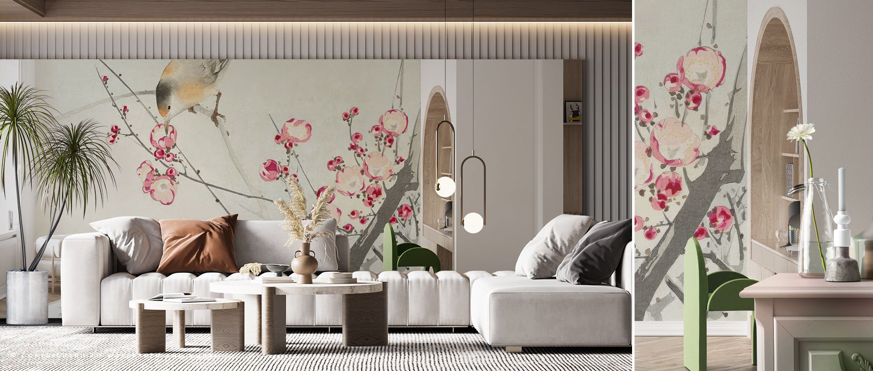Songbird on Blossom Branch Wallpaper enhances interiors with blossoms and perched birds rendered in muted palette. Its impression sustains calm resonance, enriching environments with refinement. Bedrooms, offices, and living rooms gain inspiration from it
