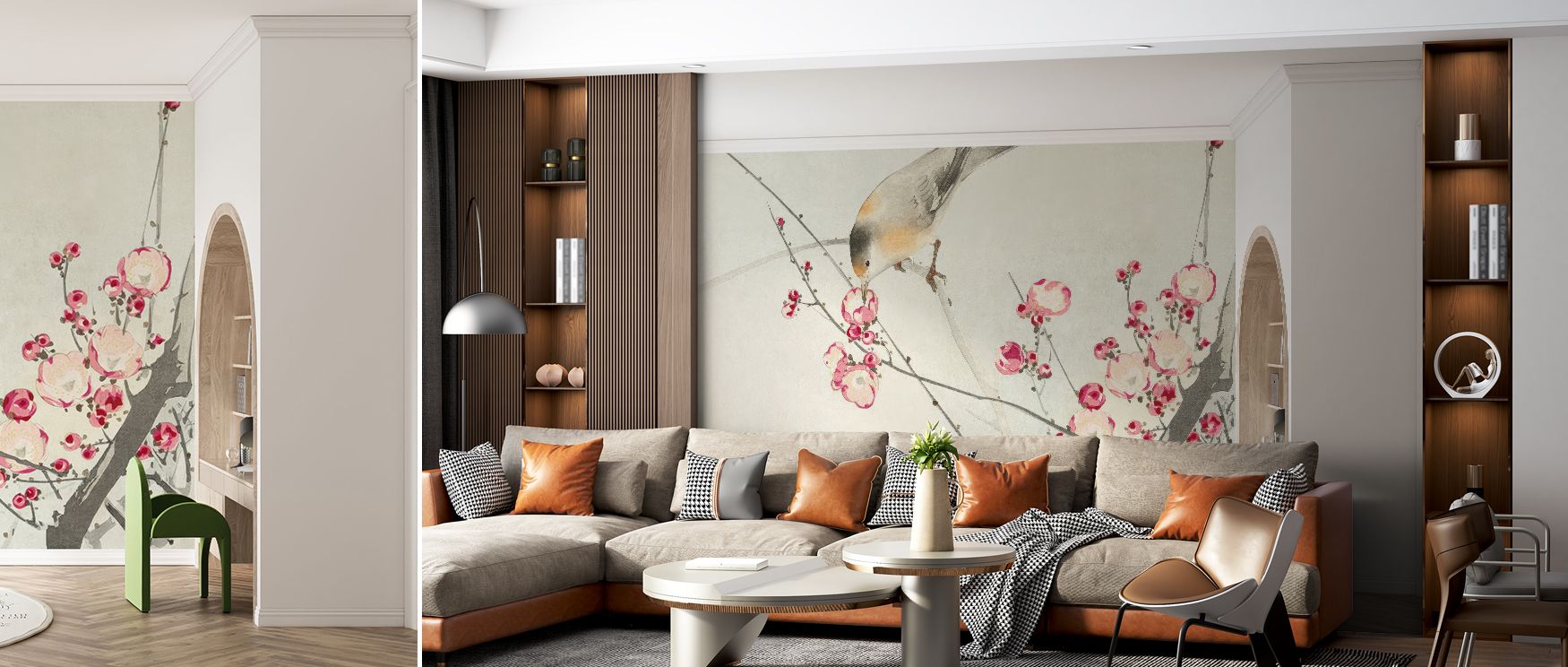 Songbird on Blossom Branch Wallpaper conveys charm through perched birds and blossoms layered across muted tones. Its impression sustains calm resonance, enriching interiors with refinement. Bedrooms, offices, and living rooms gain inspiration from its in