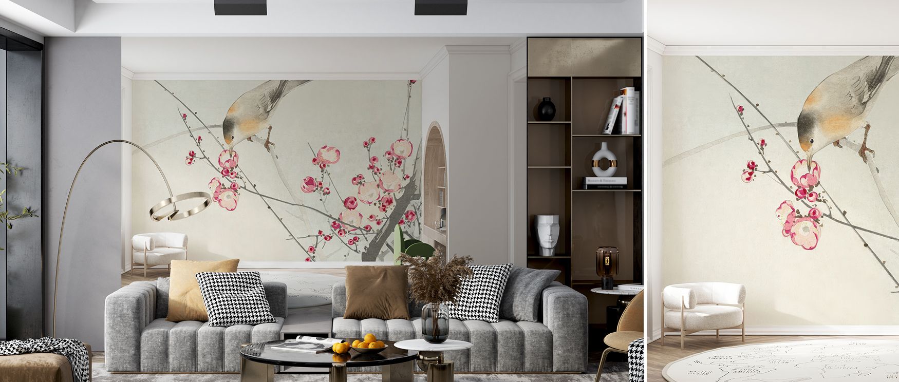 Songbird on Blossom Branch Wallpaper sustains charm through blossoms and perched birds rendered in muted palette. Its impression conveys refinement, enriching interiors naturally. Bedrooms, offices, and living rooms gain inspiration from its influence, wh