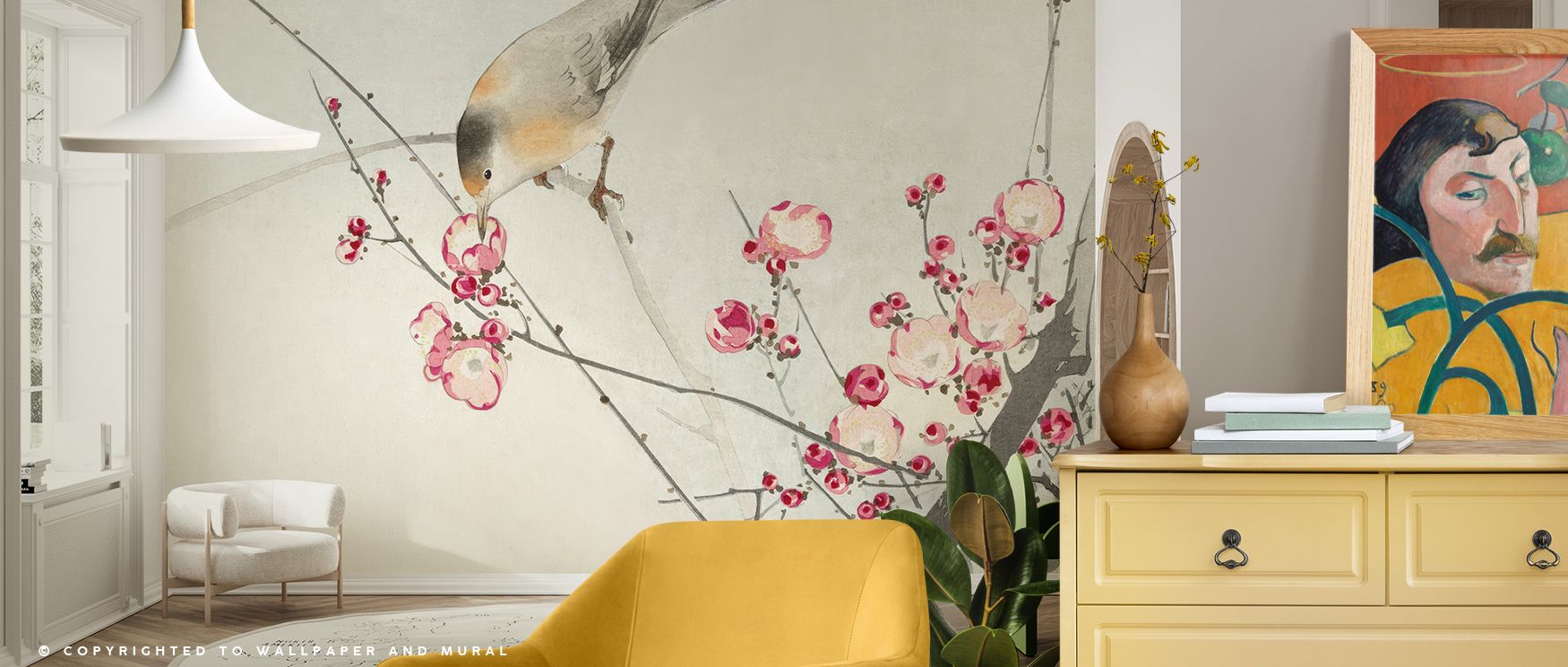 Songbird on Blossom Branch Wallpaper reflects natural refinement through blossoms and perched birds rendered across muted palette. Its impression sustains calm resonance, enriching interiors naturally. Bedrooms, offices, and living rooms benefit from its 