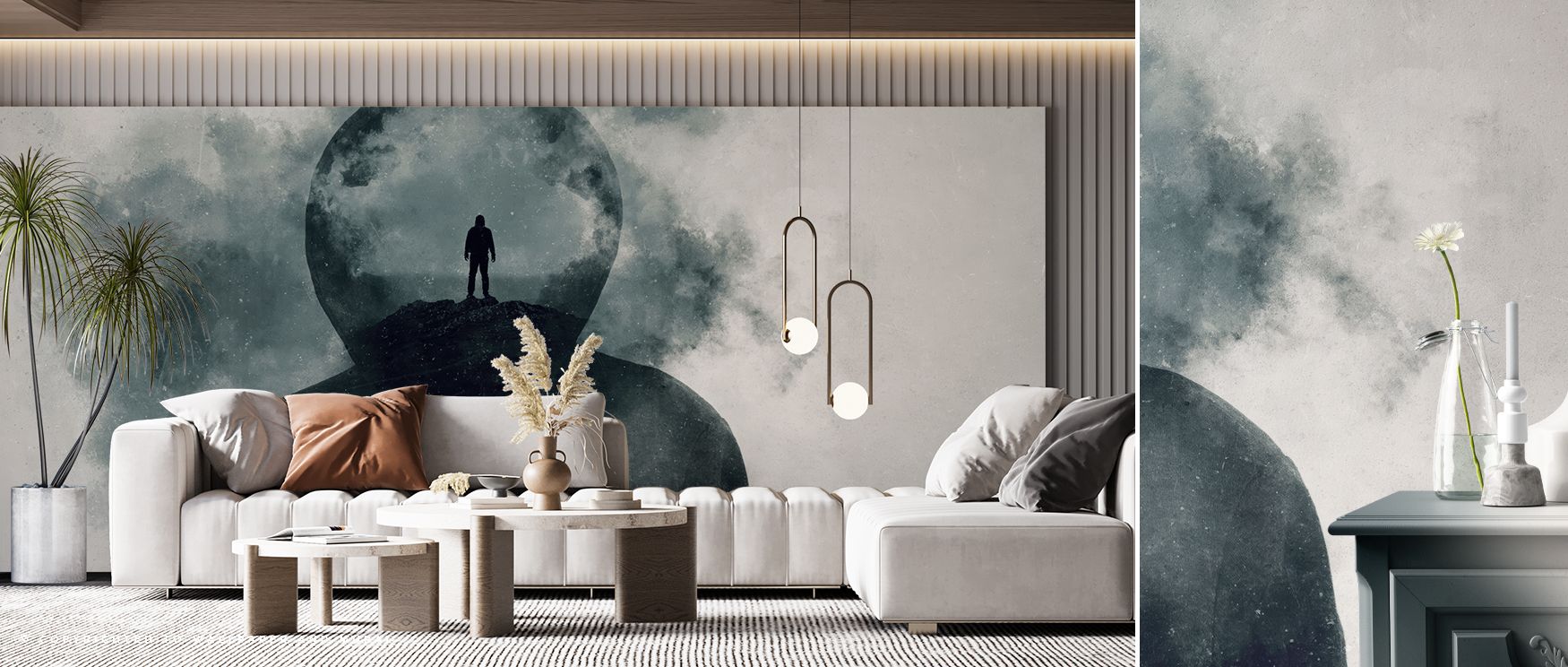 Dreamlike layers build within the Space Man Wallpaper as glowing orbs and distant constellations surround the voyager, blending surreal tones with cosmic textures that transform walls into inspiring backdrops, ideal for living rooms or bedrooms that celeb